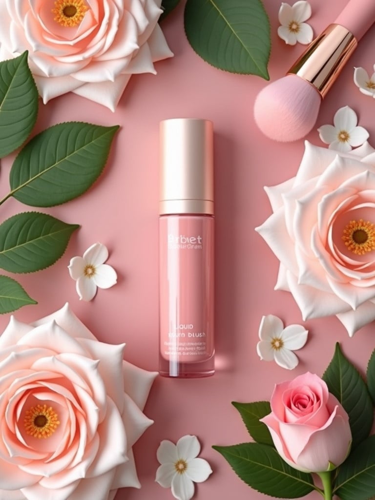 Image features a central liquid blush product bottle with floral arrangement. Soft pink roses and white flowers surround the bottle. Makeup brushes suggest a beauty routine. Chic minimalist packaging highlights product luxury. Background is pastel pink.