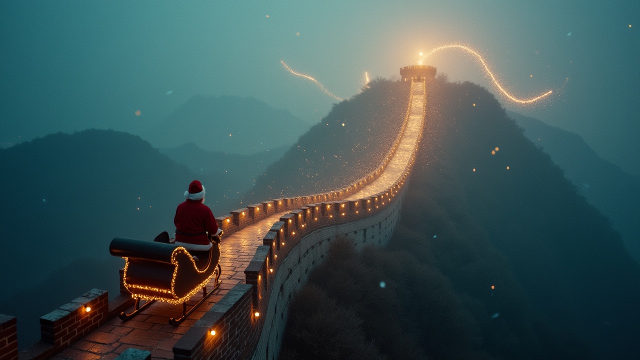 Aerial shot of Santa flying on his sleigh along the Great Wall of China. Magical atmosphere with sparkles trailing behind. Ultrarealistic image created with Arriflex Alexa.