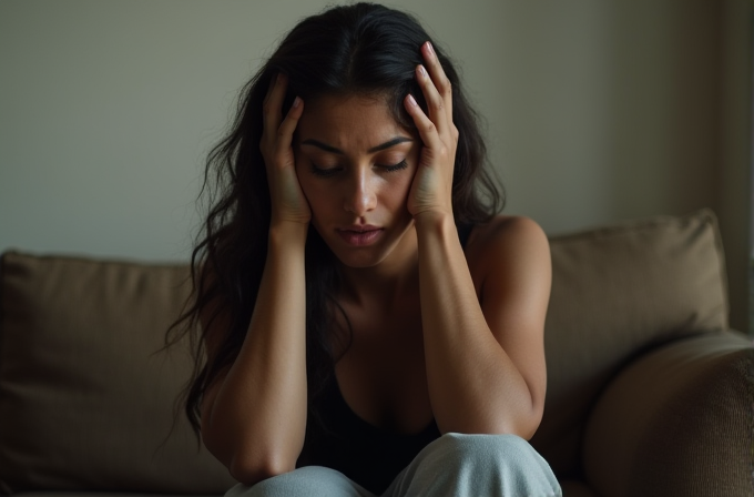 A person sitting on a sofa, with hands on their head, in a thoughtful or stressed expression.