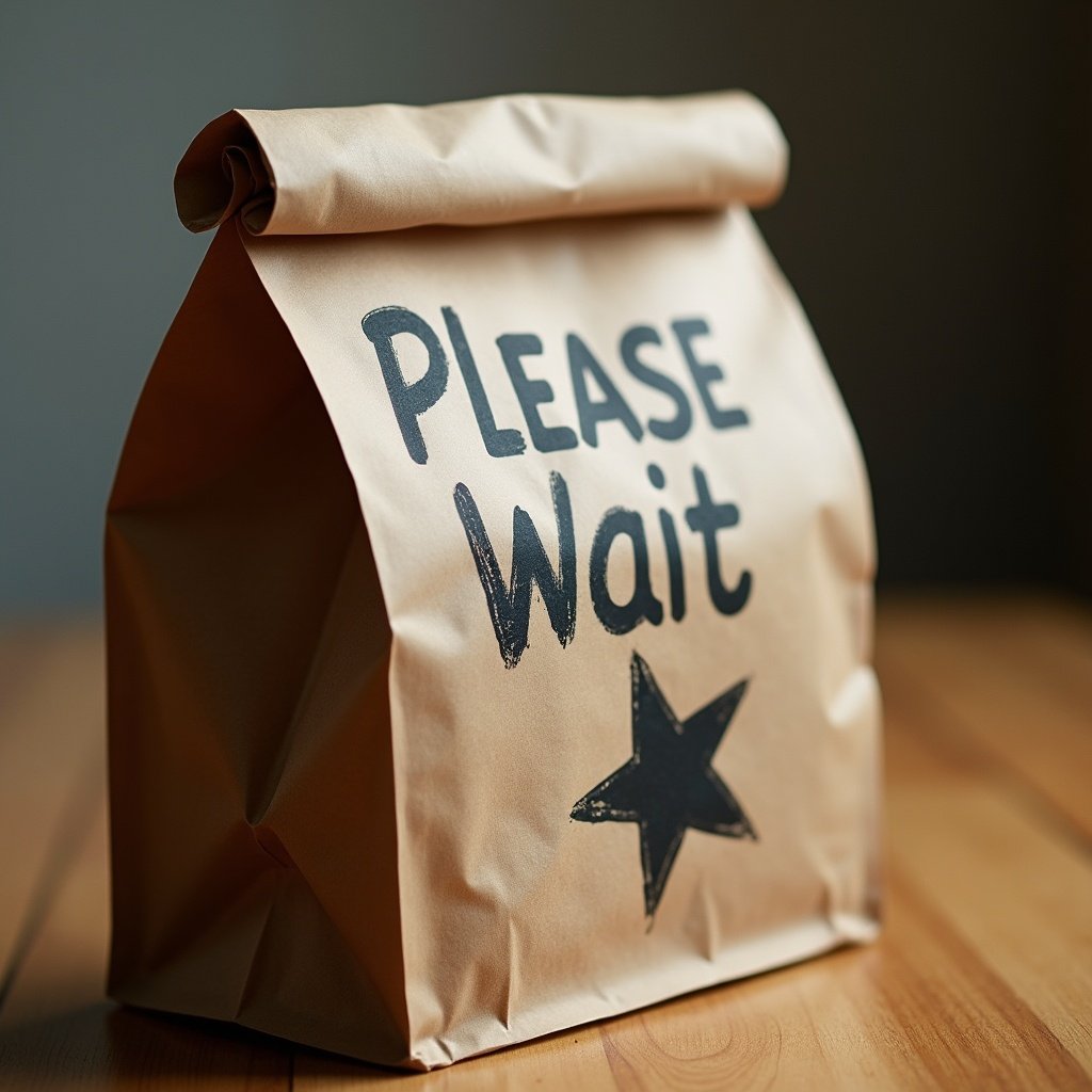 Image of a brown paper bag with 'Please Wait' written on it. A distressed black star is below the text. The bag rests on a wooden table. Soft, diffused lighting creates a warm atmosphere. The composition expresses a feeling of waiting.