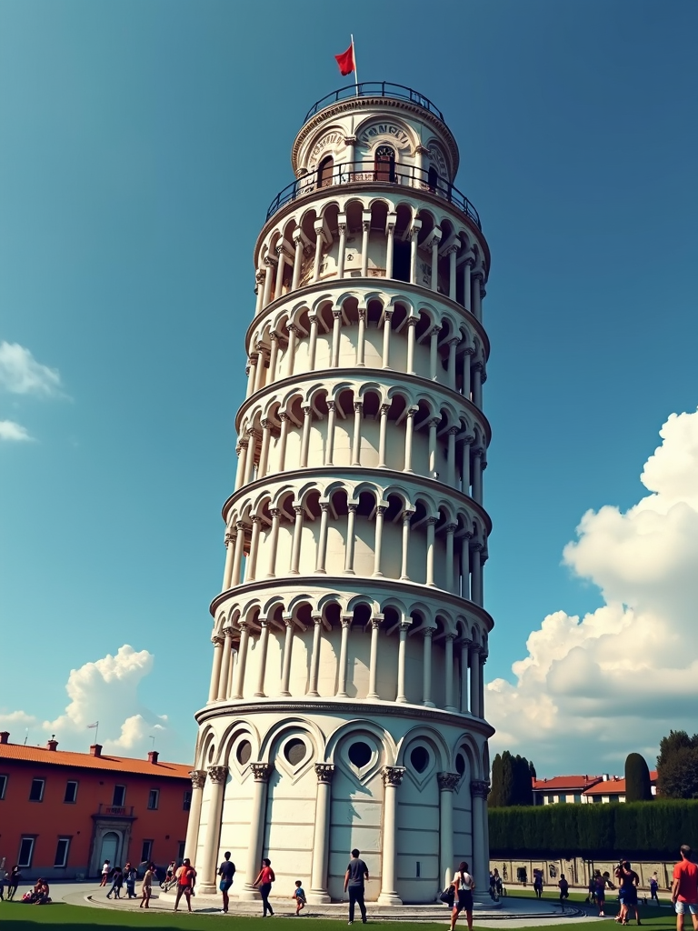 The iconic Leaning Tower of Pisa tilts against a clear blue sky, surrounded by visitors on a sunny day.