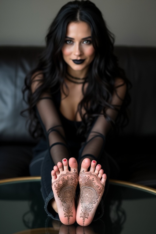 Goth woman wearing black sitting on couch. She shows henna designs on soles of bare feet on glass table. Long dark hair and dark lips complete the look. She is smiling.