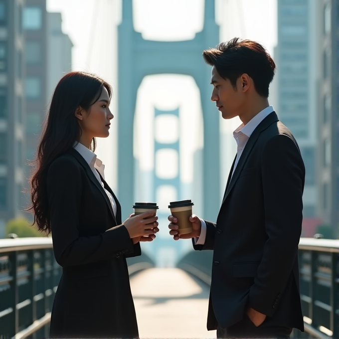 A man and woman in suits stand facing each other on a bridge, holding coffee cups, with a cityscape in the background.