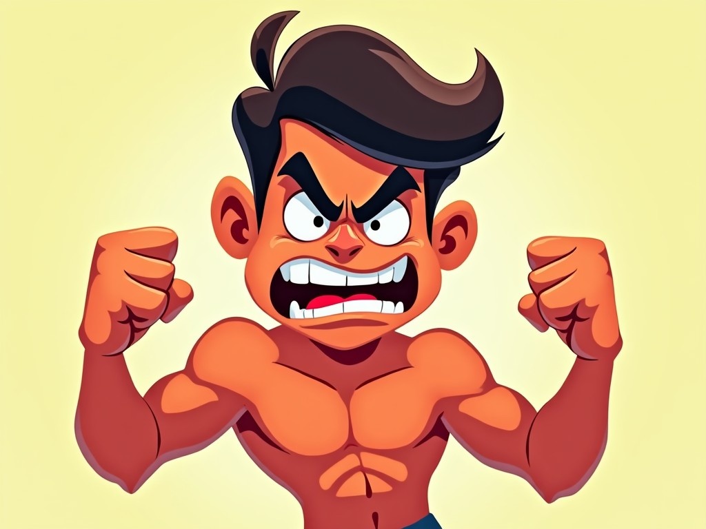 A cartoon character is depicted in a striking angry pose, showcasing his muscular torso. His facial expression is fierce, with furrowed brows and clenched teeth. The character's arms are flexed and raised in a show of strength. The color palette features bright and engaging colors, primarily yellows and oranges, drawing attention to the character. The background is simple, allowing the character to stand out prominently.