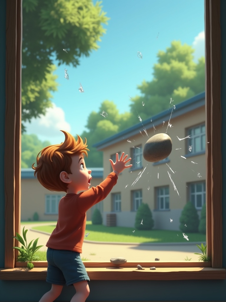 3D animated scene depicting boy throwing stone at a window. Stone close to window with cracks. School building in background. Trees surrounding and clear sky above. Intense mood conveyed through boy's expression. Soft lighting creates a warm atmosphere.