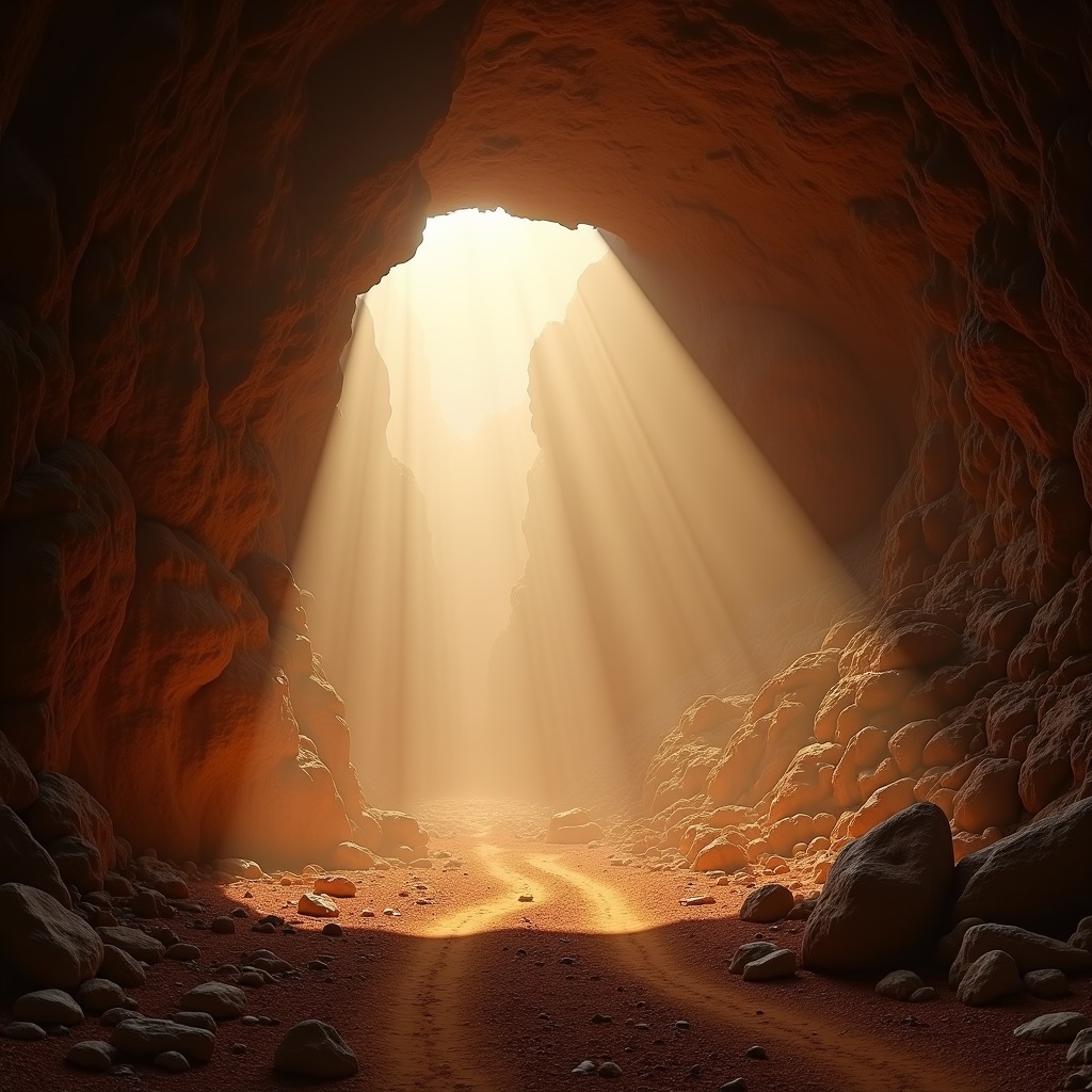 A stunning cave scene where sunlight streams through an archway, illuminating the rugged texture of rocky walls. The foreground displays a rough terrain dotted with boulders and a layer of dust. This landscape is enhanced by a misty atmosphere, lending it a mystical quality. The color palette consists of warm oranges and deep browns, giving a dramatic effect to the scene. Overall, it evokes feelings of adventure and the beauty of nature.