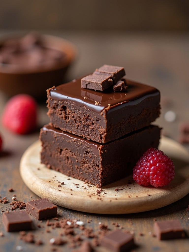 Delicious rich chocolate brownies stacked on a wooden plate. Topped with glossy chocolate and chocolate pieces. Garnished with fresh raspberries and scattered chocolate chunks.