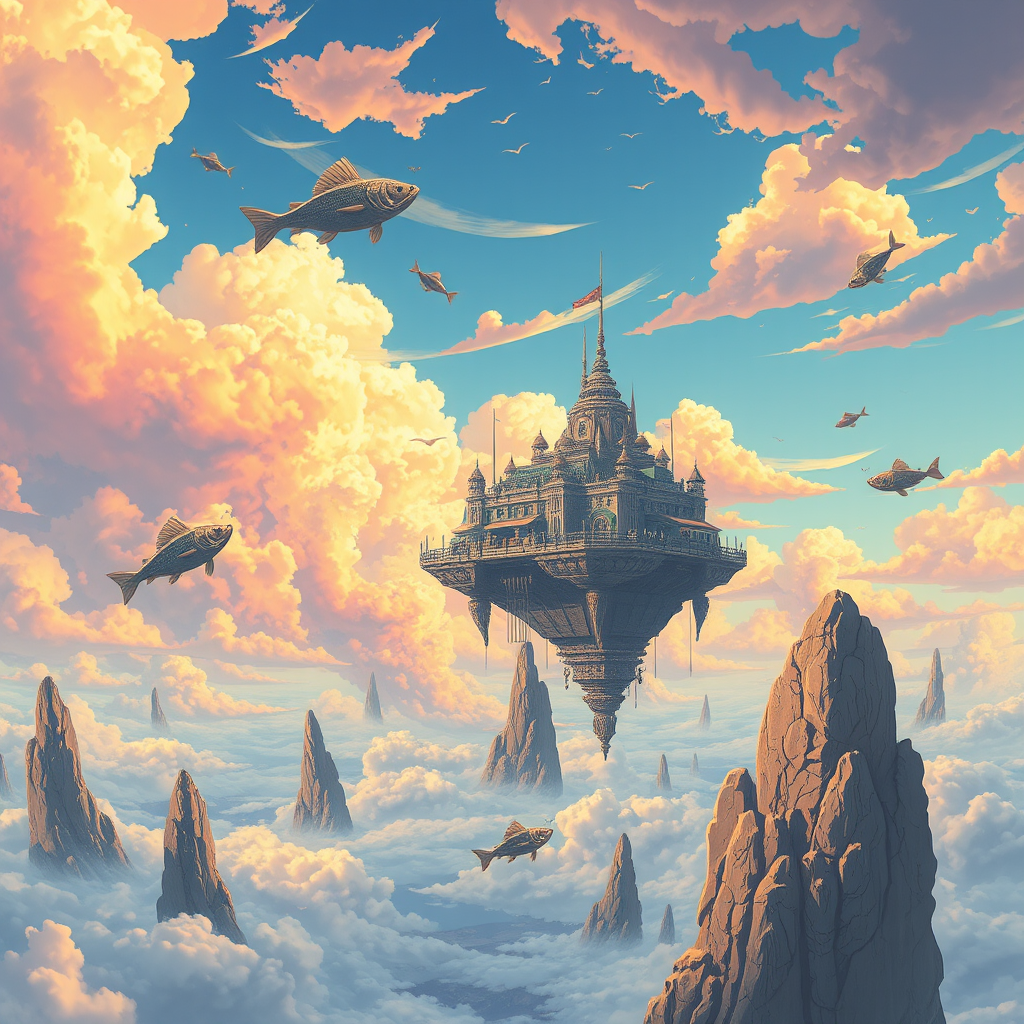 A mystical floating castle hovers above a vast sea of clouds, surrounded by flying fish and towering rocky spires.