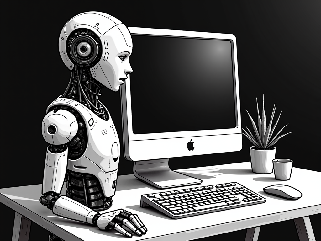 A humanoid robot is sitting at a desk in front of a computer, with a keyboard, mouse, and a small potted plant beside it.