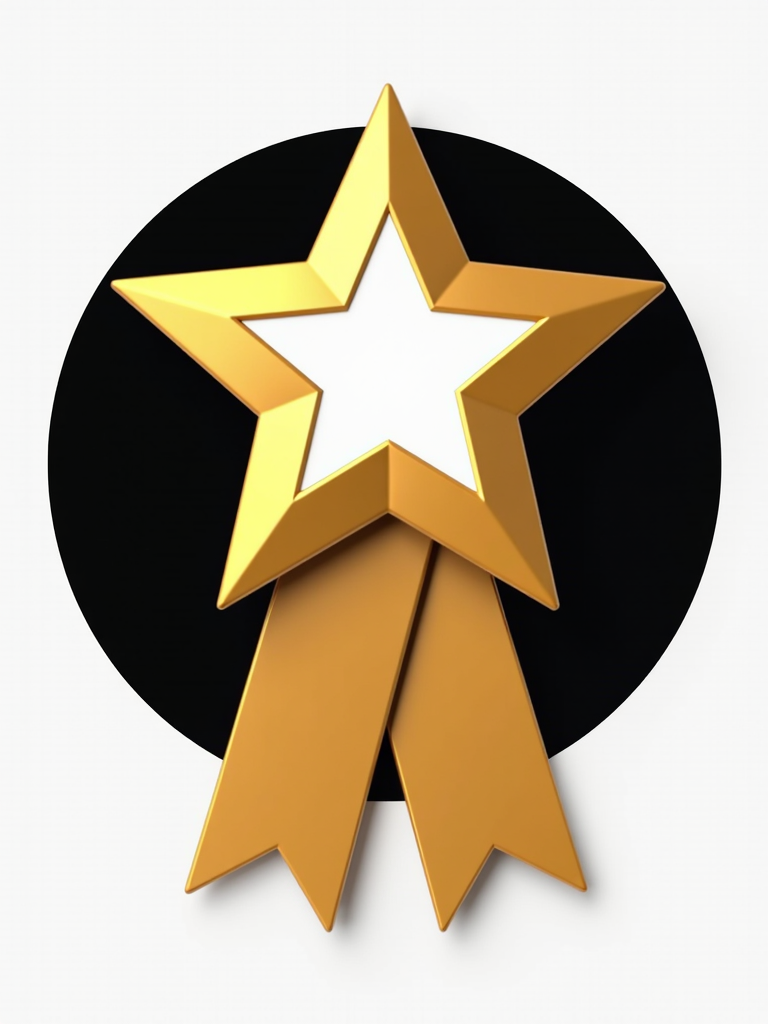 A shiny golden star with two long ribbon tails is displayed against a black circle background.