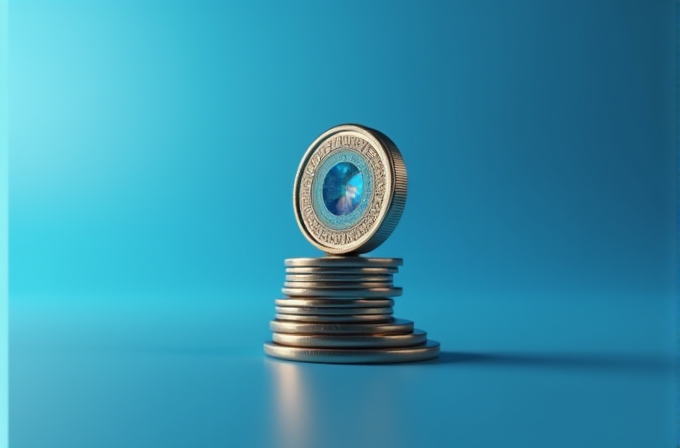 A stack of coins, topped by one with a radiant blue gemstone, against a serene blue gradient background.