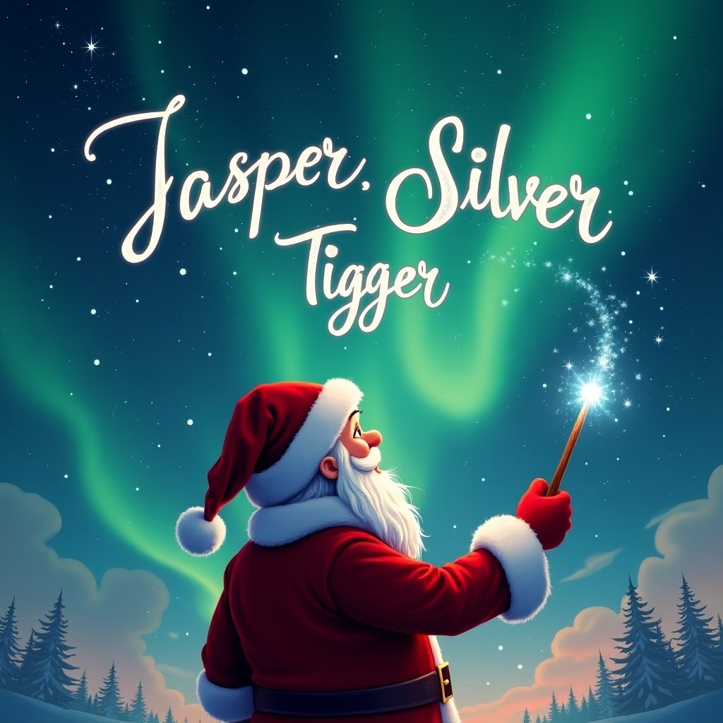 Santa facing the sky holding a wand. Magical background with northern lights. Names Jasper Silver Tigger written in the sky. Elegant writing with a magic wand.