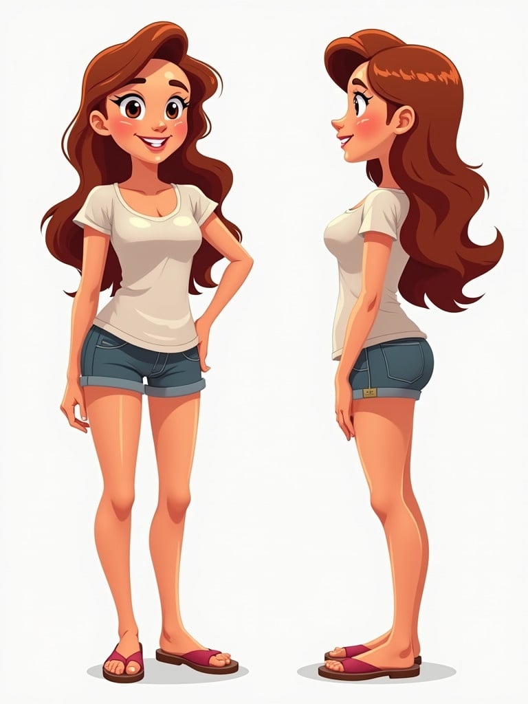 Two cartoon images of a female character from head to toe displayed side by side. One image shows a front view the other shows a profile view. Character has long wavy hair. Wearing a basic t-shirt and denim shorts. Character stands in casual flip flops.