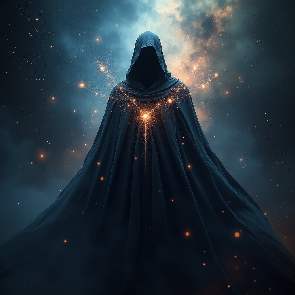 Image of a cloak adorned with stellar oddities. Cloak appears shrouded in a nebula. Figure stands in a cosmic environment.