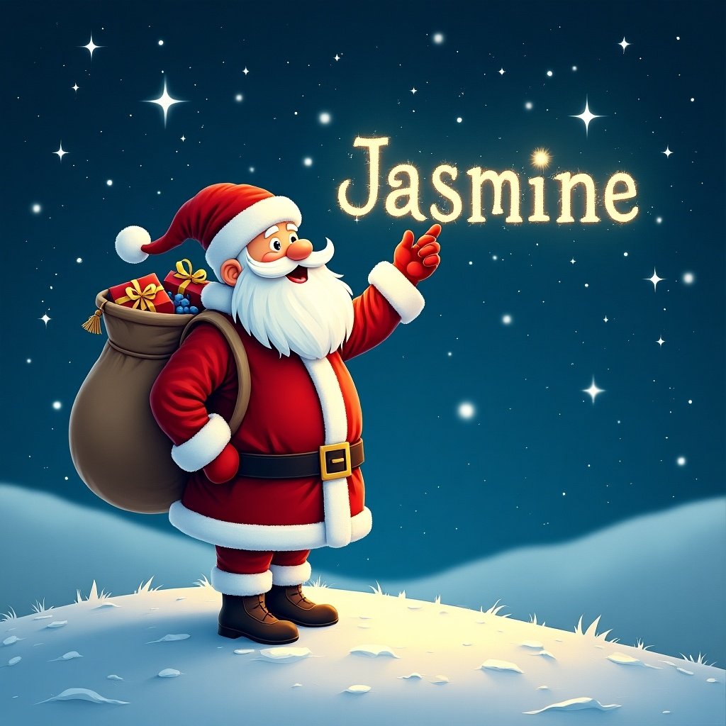 Santa Claus stands on a snowy hill under a starry night sky writing names. He is dressed in vibrant red and white clothing. A large sack of gifts rests on his back. The name 'Jasmine' glows in a whimsical font.