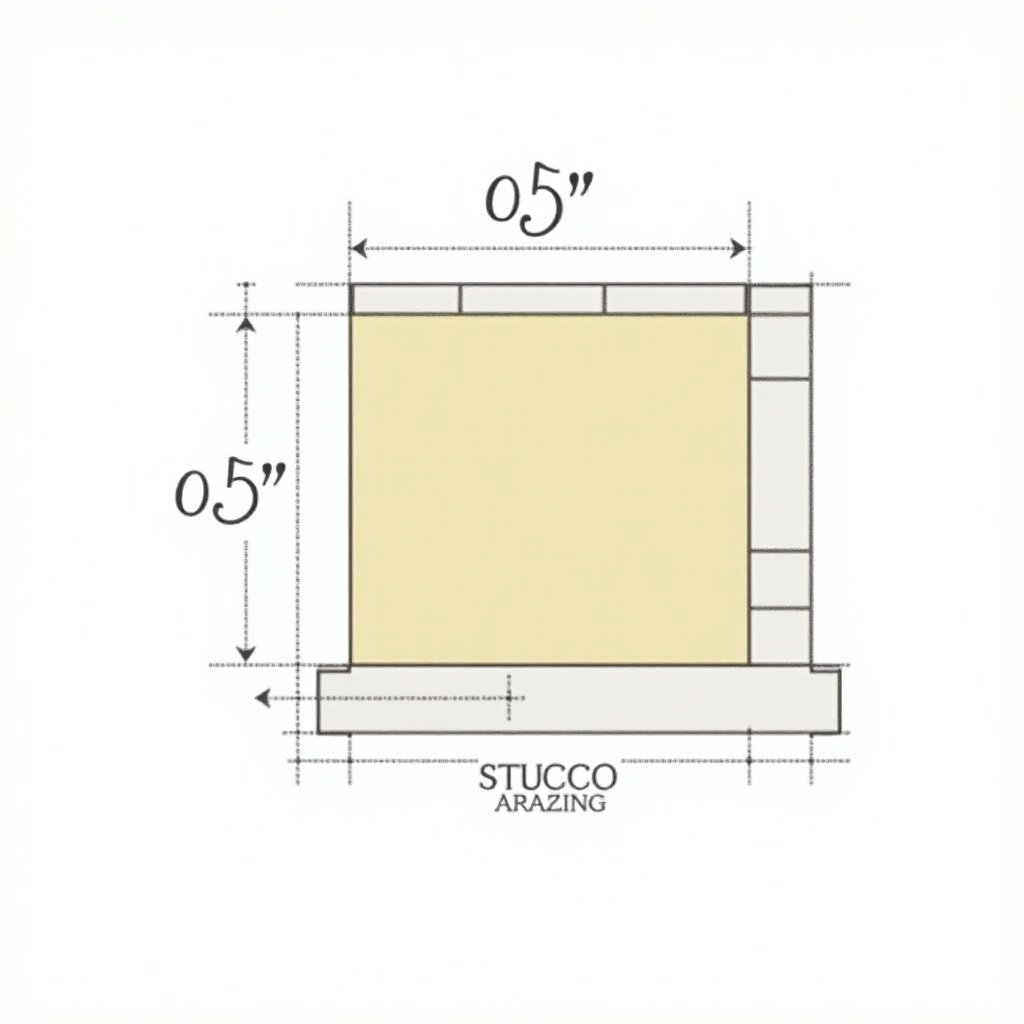 Simplified 2D cross-section drawing of an exterior wall. Indicates 0.5 inches of exterior sheathing, 1 inch rigid foam insulation, 0.05 inches weather barrier, and 0.5 inches stucco finish.