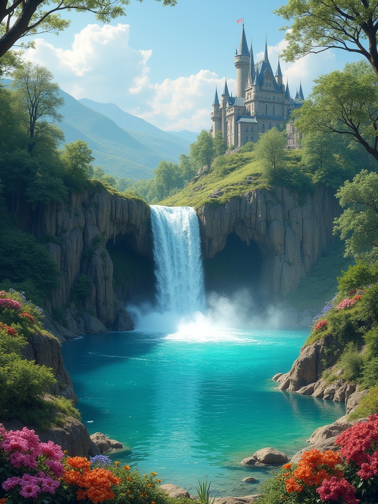 Picturesque fantasy landscape featuring cascading waterfall into turquoise lake surrounded by lush greenery and vibrant flowers with castle on distant hill and serene sky.