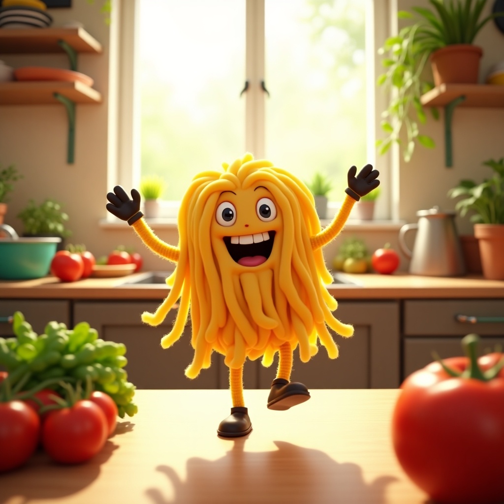 In a vibrant kitchen, fresh vegetables adorn the countertop, basking in warm sunlight that flows through the window. A cheerful animated noodle, with bright yellow hair, energetically dances around the kitchen, arms raised in excitement. It interacts playfully with the vegetables, spinning around tomatoes and swaying by leafy greens. The scene is lively, set to a catchy tune that matches the noodle's joyful movements. To engage kids, the noodle makes playful sound effects and encourages them to embrace healthy eating with fun phrases. This scene combines joy, fun, and a healthy message to inspire kids to enjoy their vegetables.