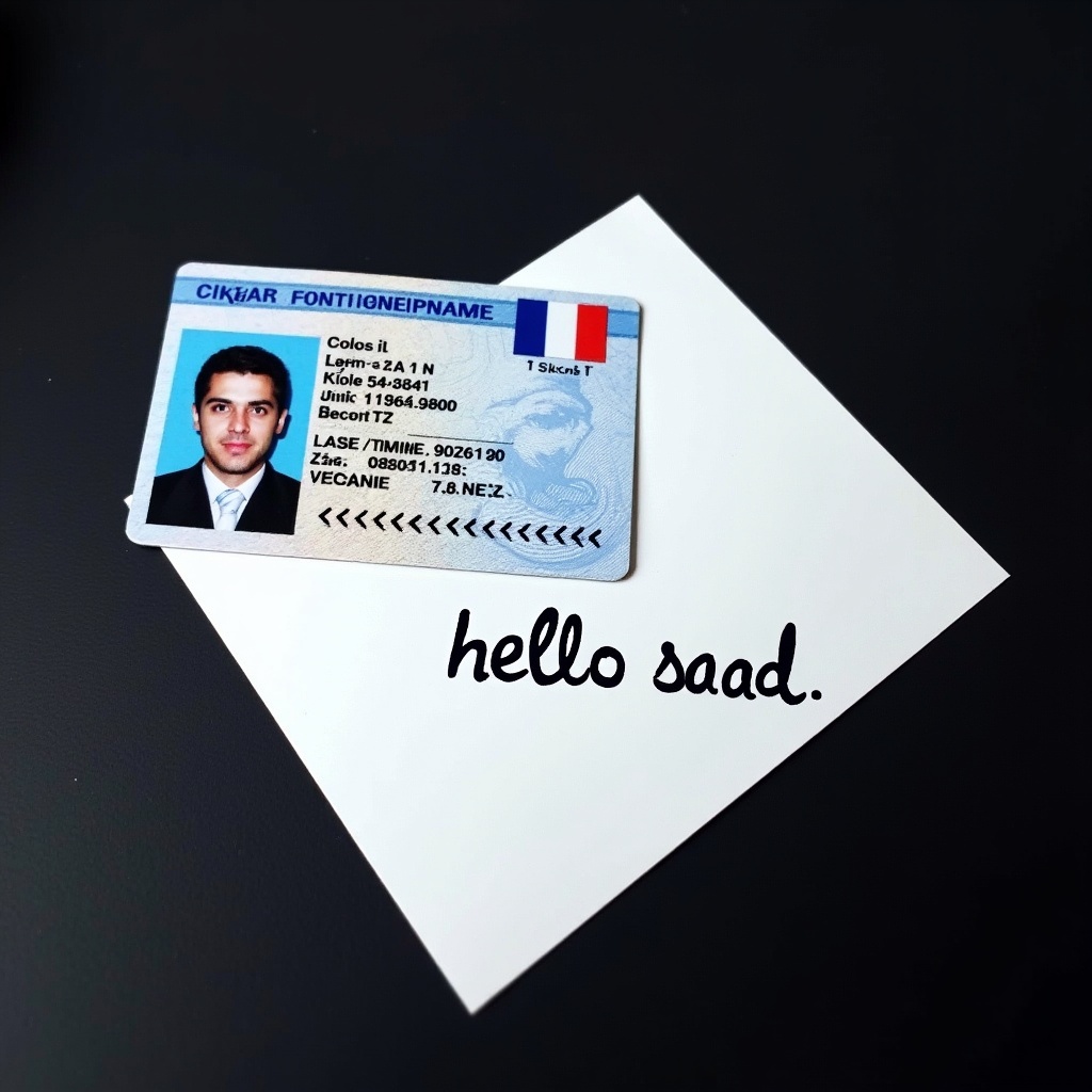 Image shows a French national identity card on a dark surface. A white piece of paper with handwritten text reads 'hello saad'. The ID card is clearly displayed above the paper.