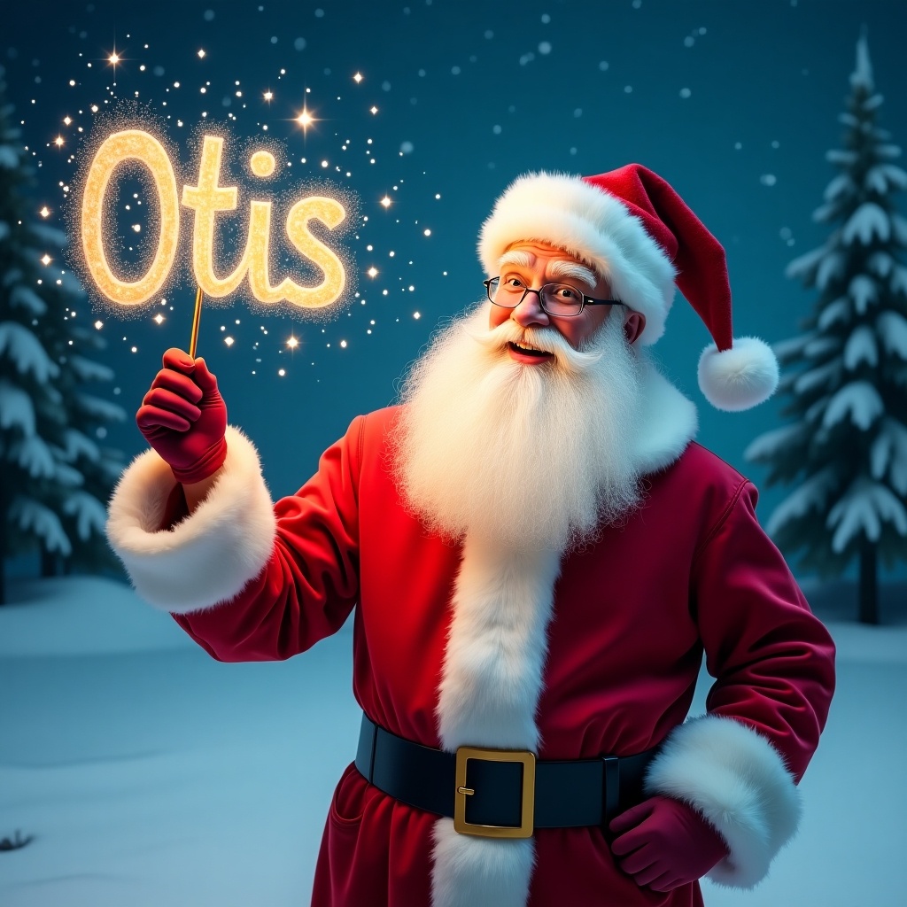 A jolly Santa Claus stands in a snowy landscape. He holds a magical wand that shines with sparkles spelling the name Otis. Santa wears a classic red suit with white fur trim and a matching hat. His eyes twinkle with joy as he appears to be writing names in the sky. A snowy scene with evergreen trees and a starry night sky is behind him. The atmosphere is festive and magical, perfect for the holiday season.