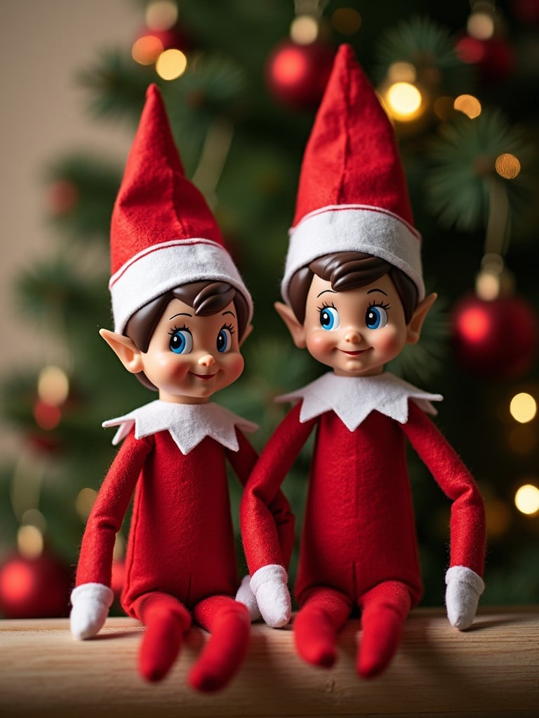 Two elves sitting together in red outfits next to a Christmas tree. The elves have short hair and are displayed in a festive setting.