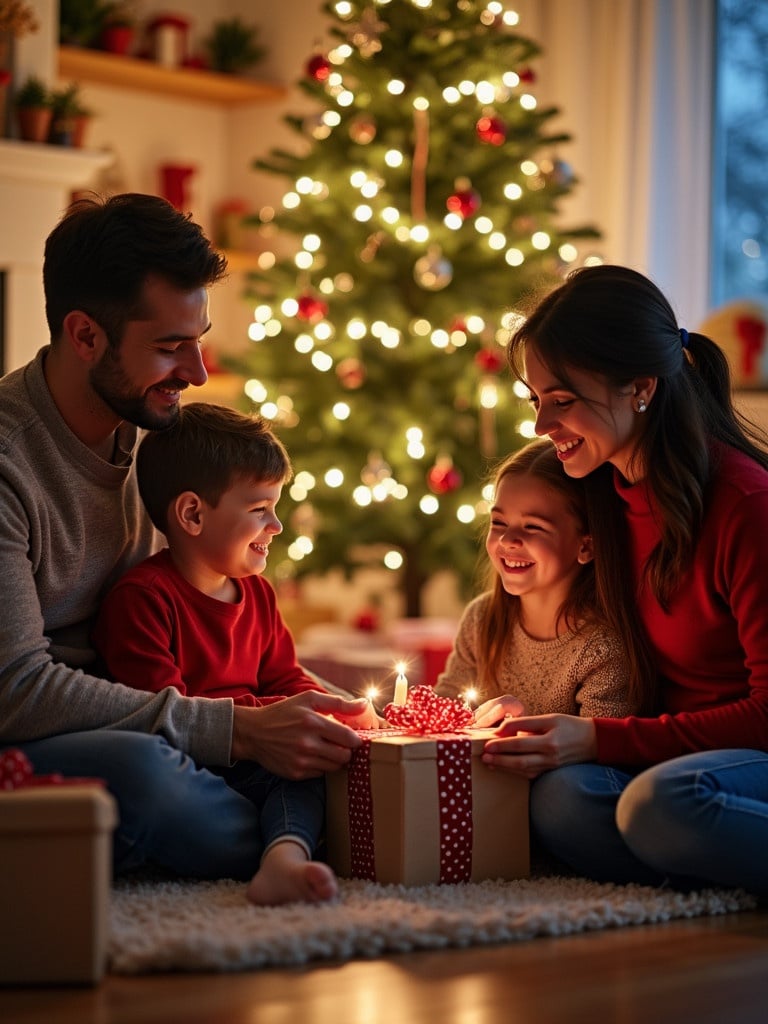 Family enjoys Christmas Eve celebration. Parents and children exchange gifts. Sitting on cozy rug. Brightly illuminated Christmas tree in background. Gifts scattered around room. Happy faces create warm inviting atmosphere.