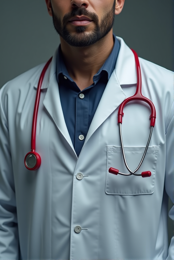 A bearded doctor in a white coat with a red stethoscope around his neck stands confidently.