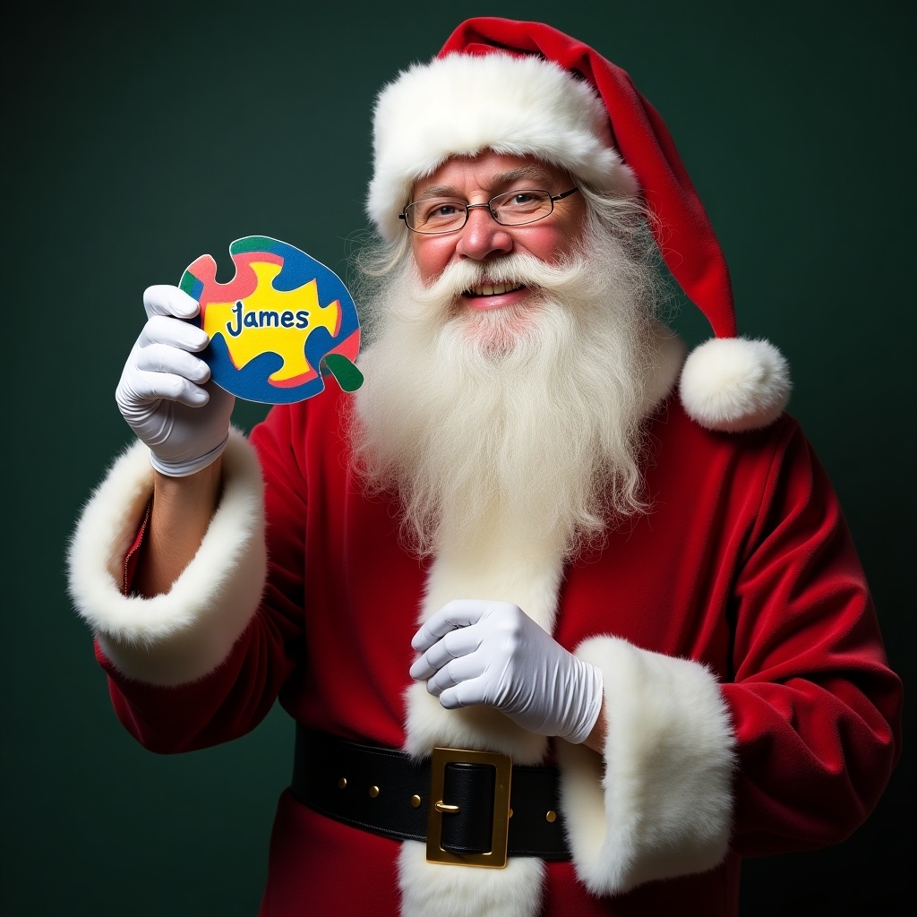 In a festive setting, Santa Claus is smiling broadly. He is dressed in his classic red suit with white trim and a fluffy hat. Santa is holding a colorful puzzle piece symbol associated with autism. The puzzle piece has the name 'James' written on it. The background is deep green, creating a cozy holiday atmosphere. The lighting is warm and inviting, enhancing the joyful spirit of the image. This scene embodies the holiday spirit while promoting awareness and inclusion.