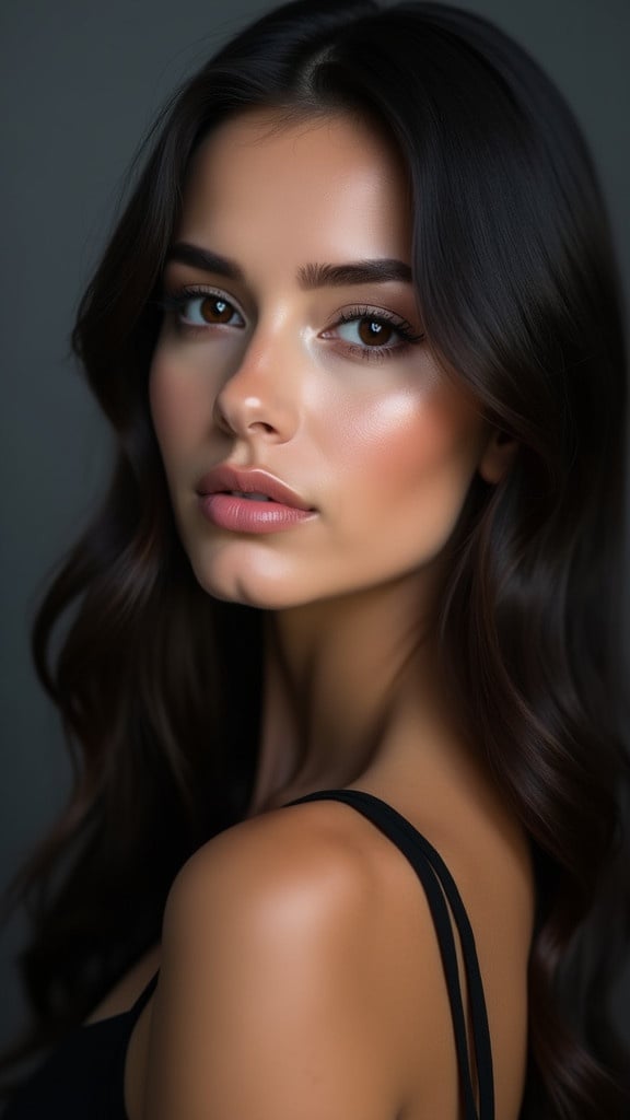 Portrait of a young woman with long dark hair. She has dark eyes and is looking slightly to the left. The expression is neutral and alluring. Full makeup includes glossy lips. Soft diffused lighting enhances glowing skin. Background is dark gray. Focus is on her features with a polished look.