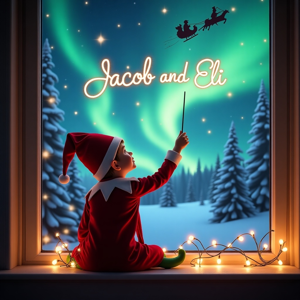 The image features an elf sitting on a window ledge with his back to the viewer. He is facing the sky, looking up at a magical Christmas scene. The background is enchanting, showcasing beautiful northern lights sparkling above a winter landscape. In the distance, Santa Claus can be seen in his sleigh, creating a festive atmosphere. The elf is dressed in a classic red outfit and pointed hat, embodying the holiday spirit while using a wand to write the names 'Jacob and Eli' in shimmering letters. The setting is cozy with twinkling lights in the foreground, contributing to the cheerful and festive mood perfect for the holiday season.