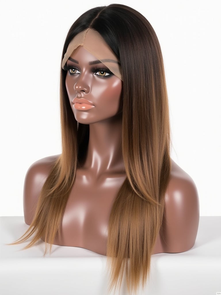 Straight ash brown full lace wig on a mannequin. The wig has a middle part. The style is electric color and palewave. The appearance is precise and shiny with pure color. Black and beige colors are used against a white backdrop.