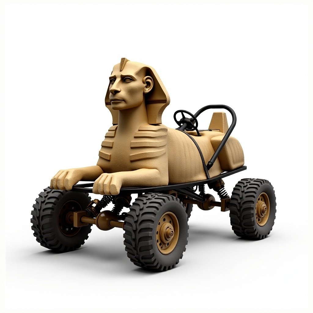 Hyper-realistic transformation of the Great Sphinx of Giza into a functional desert buggy. Sculpture retains weathered stone textures and iconic features. Integrates buggy components like rugged tires and handlebars. Wheels embedded into structure, handles blend with ancient design. Bright white background highlights details.