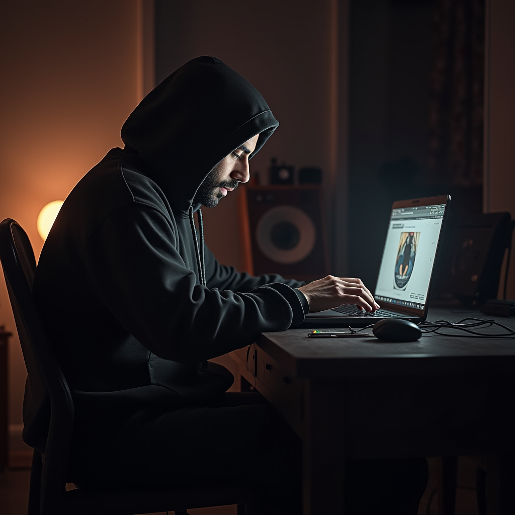 The image depicts a man in a dimly lit room, sitting at a wooden table and focused intently on a laptop screen. He is wearing a dark hoodie, which casts shadows across his face, adding a sense of mystery and concentration. The laptop is open, revealing some digital content. Beside the laptop is a wired mouse and some writing implements, suggesting a workspace for programming or research. In the background, there's a warm ambient light and a speaker, indicating a cozy, tech-centric environment.