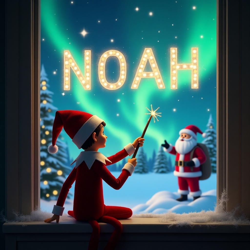 The image depicts an enchanting winter scene where an elf on the shelf sits with its back to the viewer. The elf, adorned in a classic red outfit with a white collar and hat, is holding a magical wand. This wand is elegantly used to write the name 'NOAH' in shimmering lights against the dark, starry sky. In the background, there is a glimpse of Santa Claus, who stands joyfully amidst a snowy landscape lit by the mesmerizing northern lights. The entire scene radiates a warm, festive spirit, embodying the magic of Christmas.