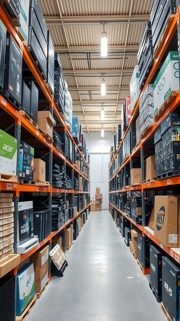 A well-organized warehouse aisle filled with boxed electronics on shelves.