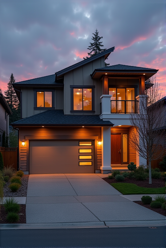 A contemporary house with warm lights glows under a darkening, colorful sunset sky.