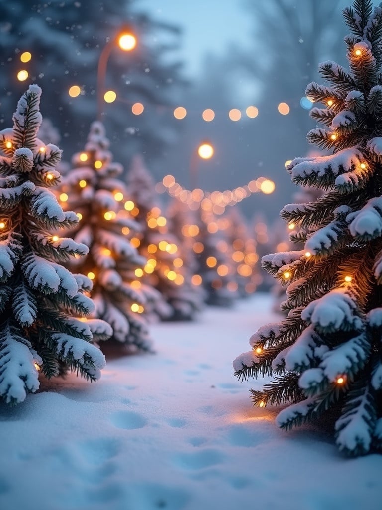 A winter scene featuring Christmas trees covered in snow. The trees glow with warm lights. Soft snow blankets the ground creating a magical atmosphere. Background is blurred for depth.