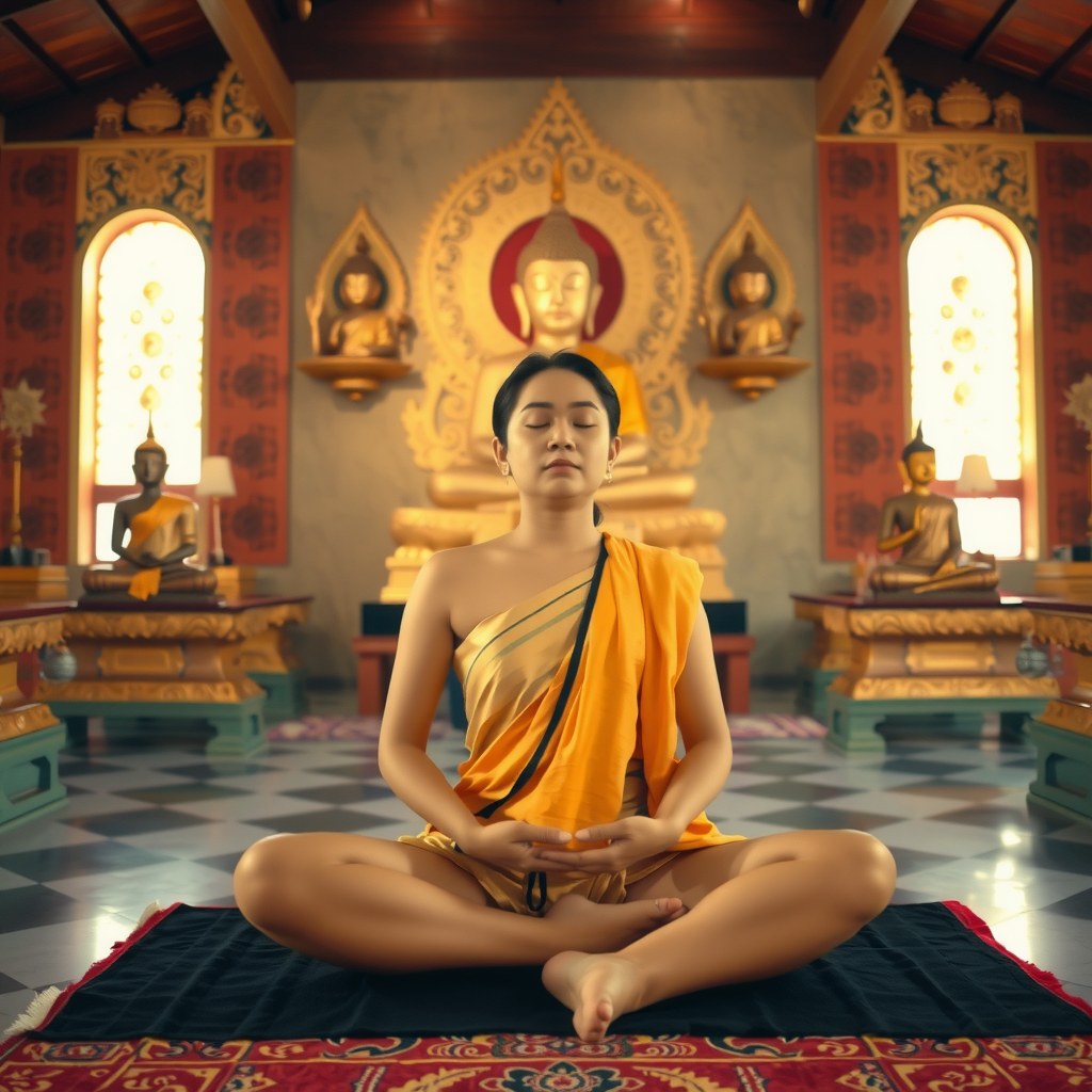 A person meditates in a serene temple adorned with Buddha statues.