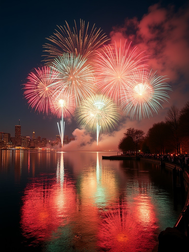 An impressive fireworks display celebrates New Year's over a city's lakeside. Colorful fireworks burst in the night sky. Bright red gold green blue explosions shine over calm water. People enjoy the festive atmosphere along the shore. The scene is filled with joy wonder. The wide-angle perspective shows the beauty and grandeur.