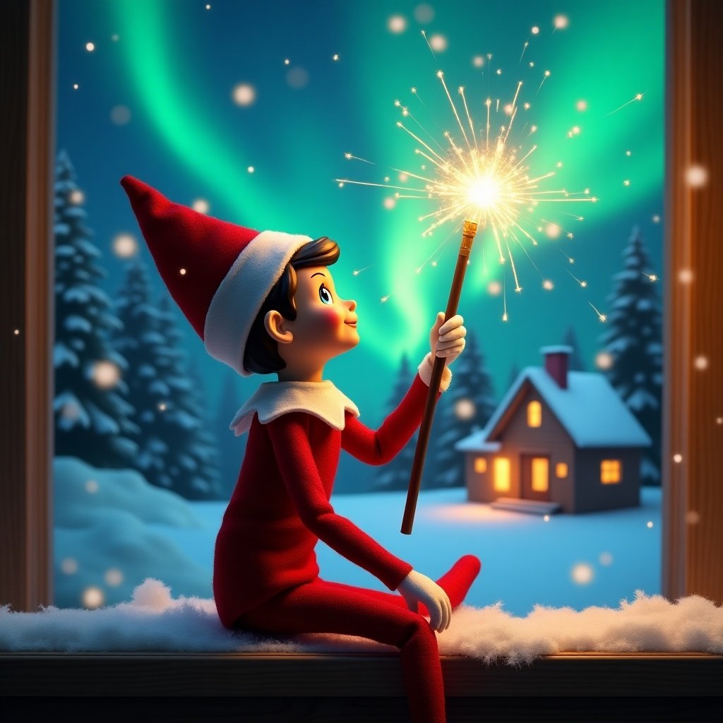 An elf on the shelf sits back to viewer. The elf gazes upwards while holding a glowing wand. Colorful northern lights illuminate the sky. A cozy house appears in the distance. Snow blankets the ground. The scene embodies Christmas magic and wonder. The name 'Josh, Enzo & Laila' appears from the wand.