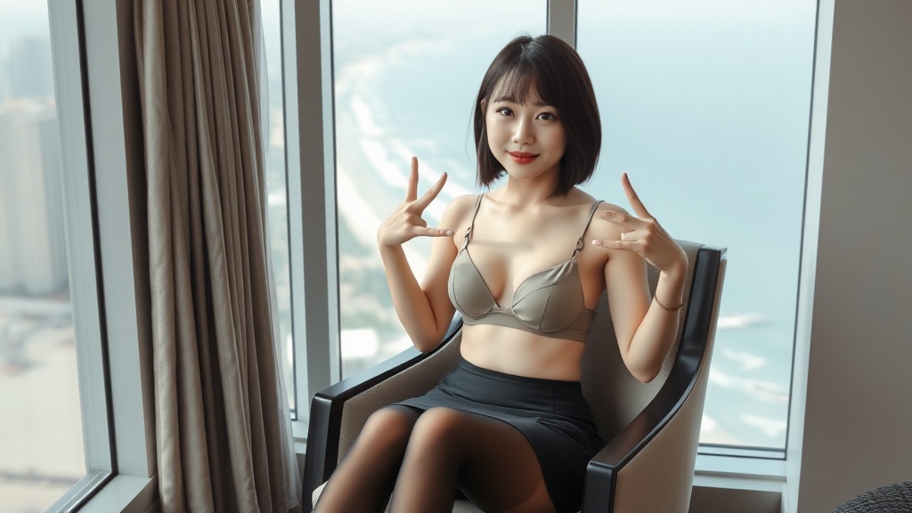 A woman sitting by a window with a city view, wearing a bra and skirt, showing hand gestures.