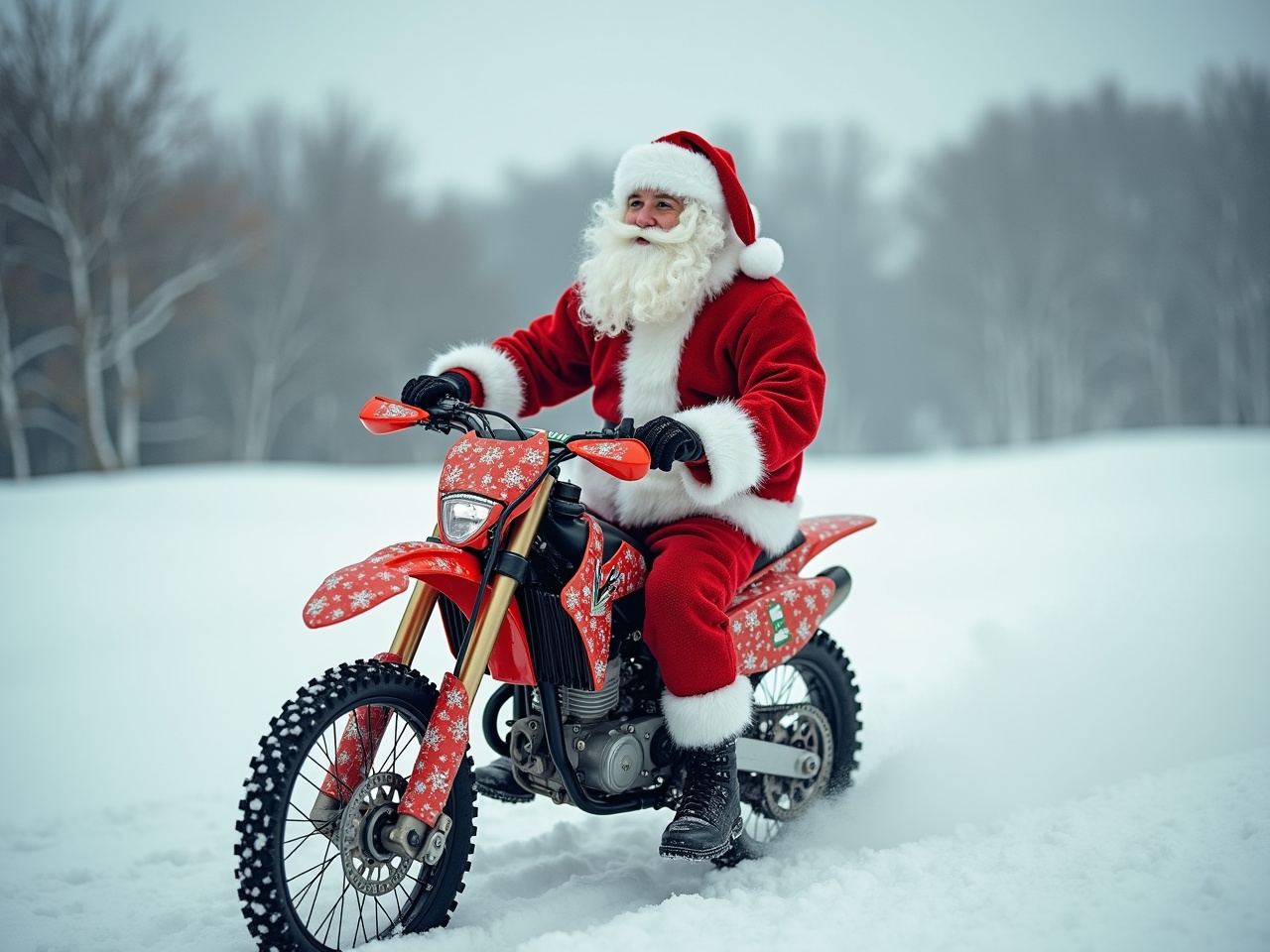 This image features a festive scene with Santa Claus riding a dirt bike. He is dressed in his classic red suit, complete with a white beard. The bike is decorated with holiday motifs, making it perfect for the Christmas season. The snowy landscape around him adds to the winter adventure theme. It's a fun and whimsical depiction of Santa enjoying a ride in the snow.