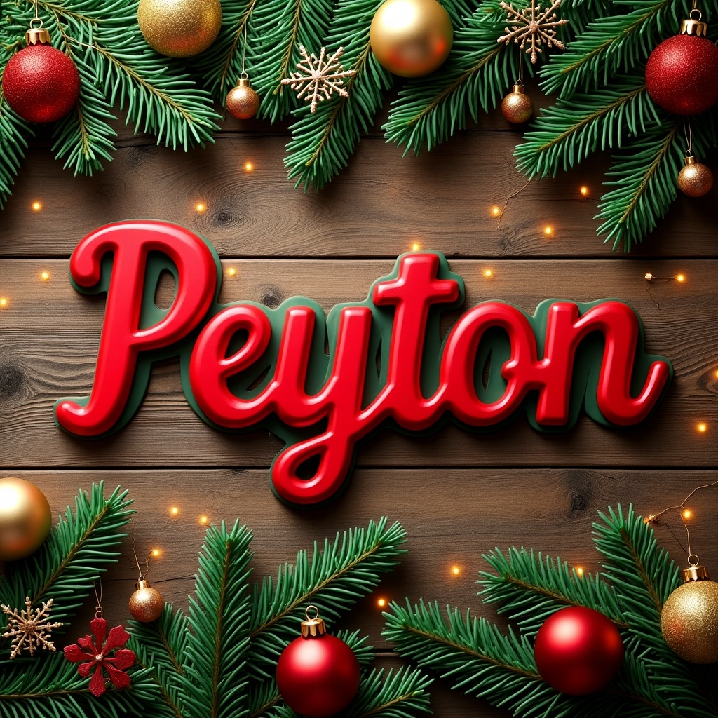 Name 'Peyton' in red and green lettering on a wooden background. Surrounded by gold and red ornaments. Framed with evergreen branches and snowflake decorations. Holiday themed image.