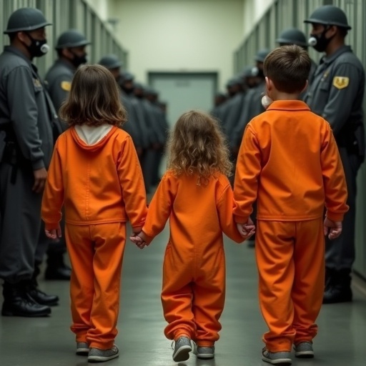 Three children stand in a prison corridor. Orange jumpsuits are worn by all children. They hold hands tightly. Guards stand silently in rows facing the children. Each child wears a pacifier in their mouth. A somber atmosphere prevails in the scene.