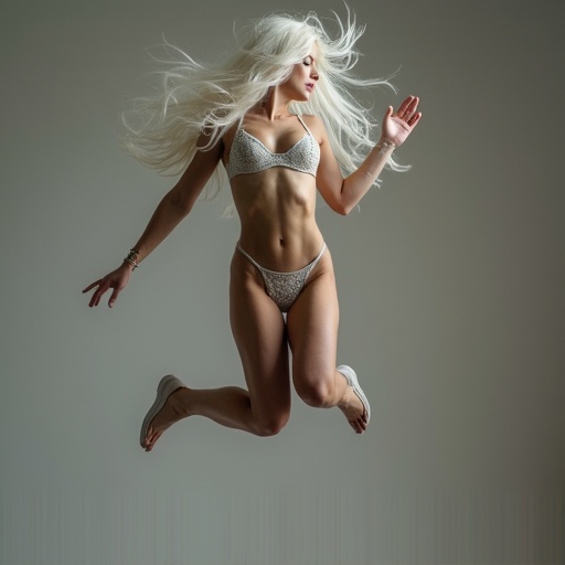 Tall Russian woman jumps in the air. She wears a bra and matching underwear. Long hair reaches knees. Pale skin contrasts with the background. Her athletic build is prominent while she exhibits joy in motion.