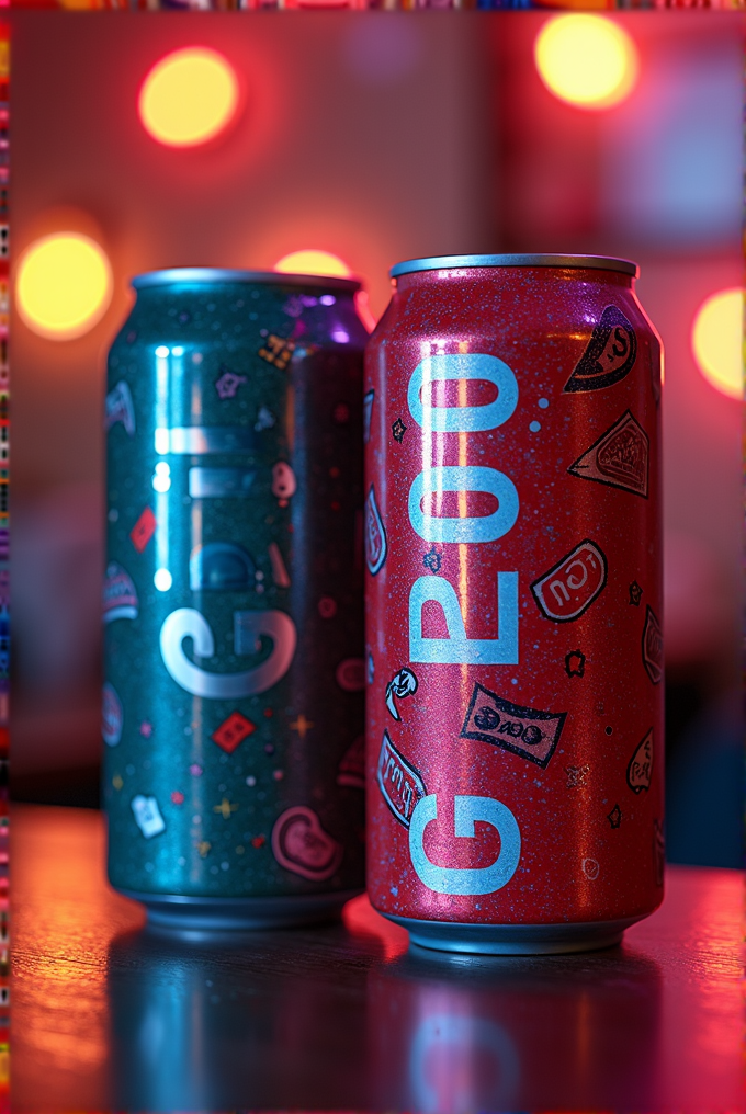 Two stylish soda cans are illuminated by warm, colorful neon lights creating a vibrant backdrop.