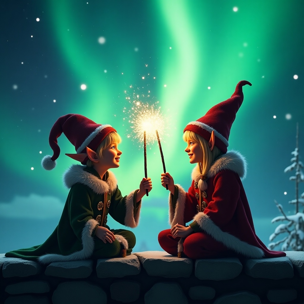 Two elves sit on a stone ledge. They face each other with raised wands. Bright lights sparkle from their wands. Northern lights above dance in greens and blues. They wear festive cloaks and pointed hats. The scene is magical and dreamlike. The atmosphere captures friendship in winter.