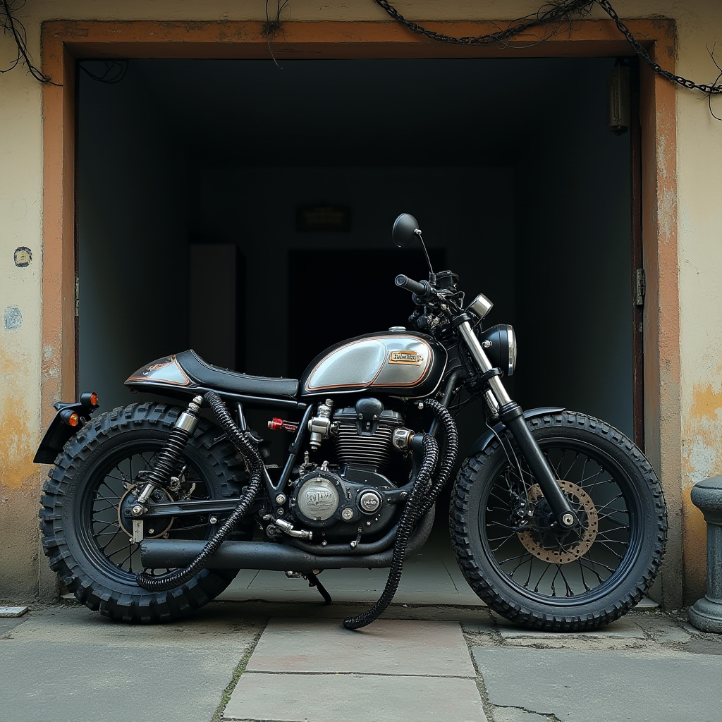 A vintage motorcycle parked in a textured, weathered alleyway with rugged tires and a retro design.