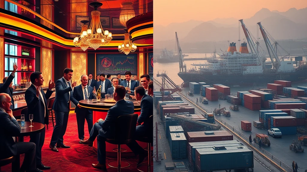 A juxtaposition of businessmen in a luxurious boardroom and a busy shipping port at sunset.