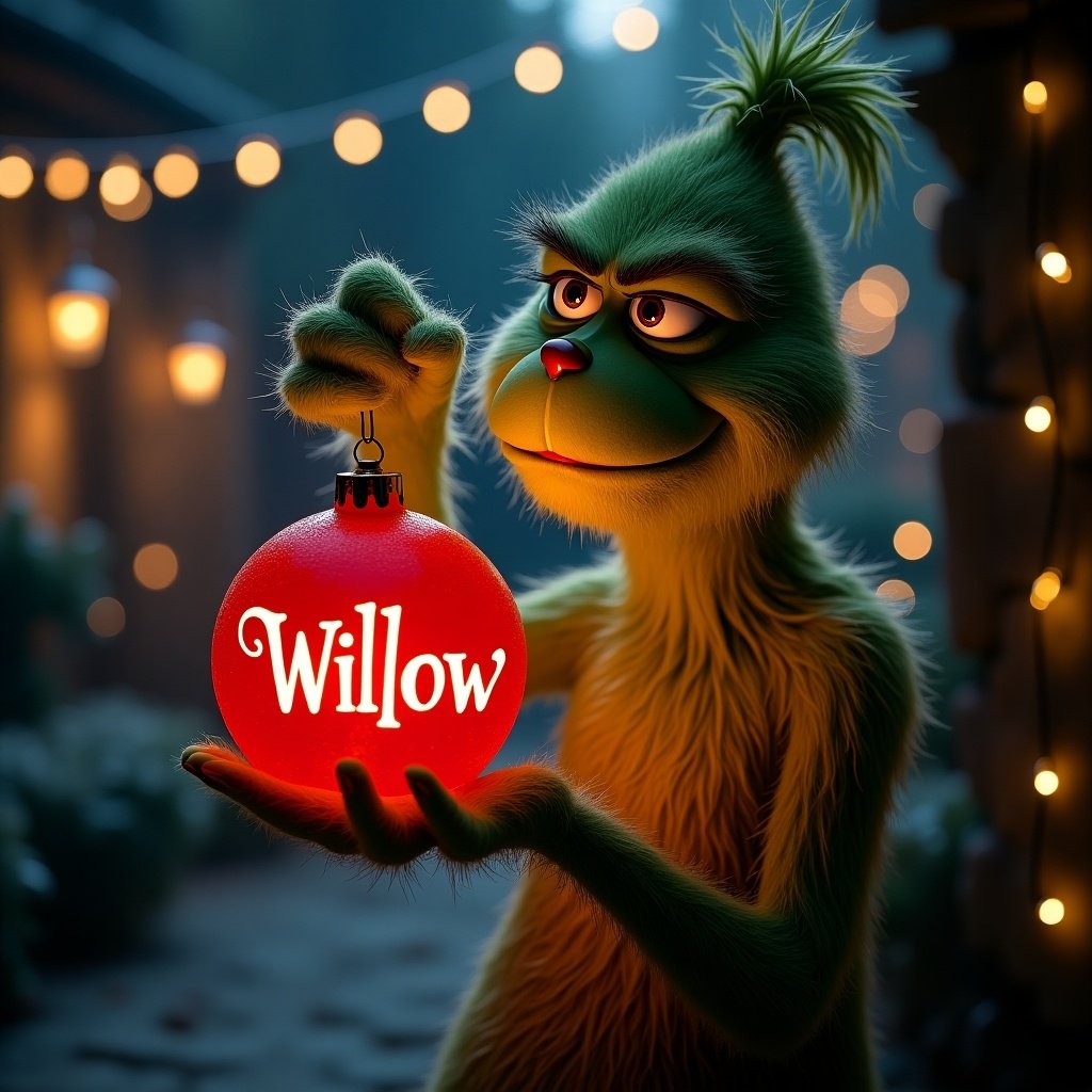 Night garden scene features a Grinch holding a glowing red Christmas bauble with the name Willow. Twinkling lights add a magical touch to the atmosphere. Ideal for Christmas-themed visuals.